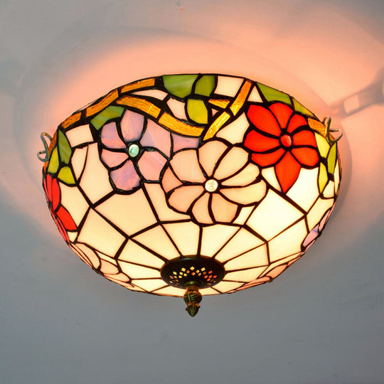 Stained Art Glass Flush Mount Ceiling Light With Traditional Bowl Shade Apricot / 12