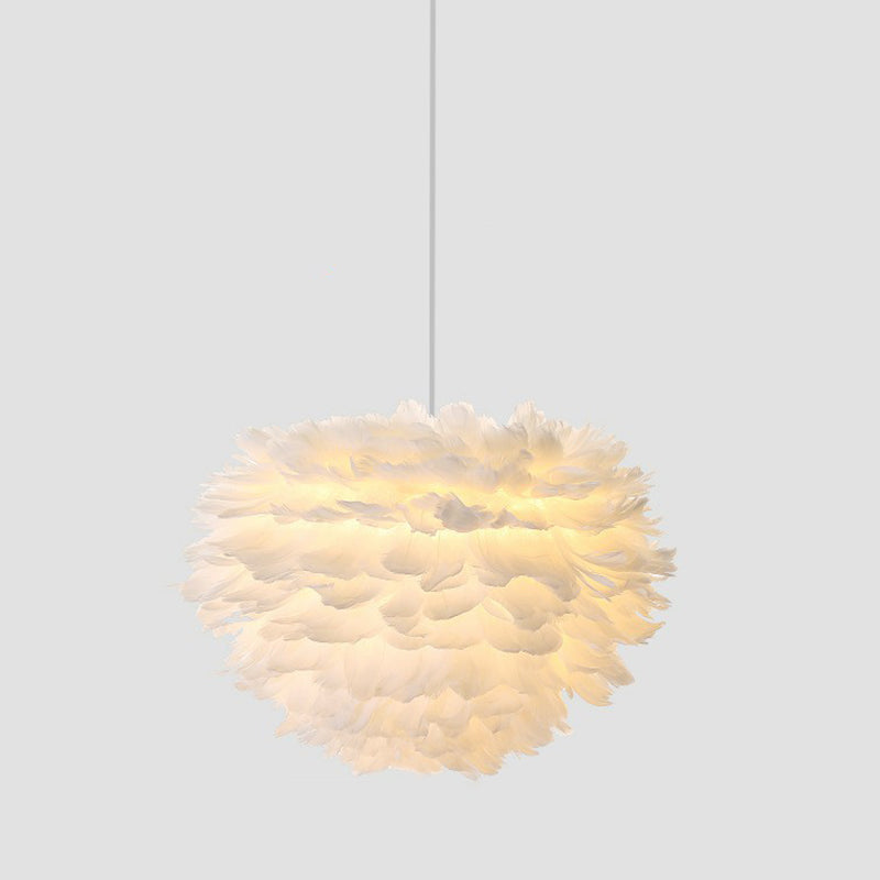Nordic Style Feather Round Pendant Ceiling Light In White - Single-Bulb Suspension Lighting
