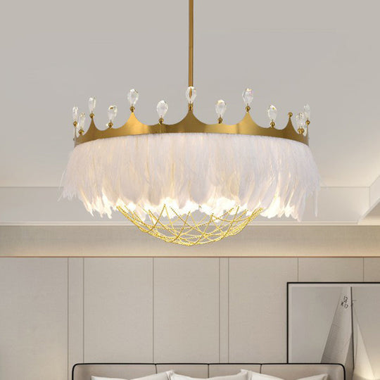 Crown Feather Ceiling Light: Artistic 1-Head Hanging Lamp For Girls Bedroom With Chain Net & Crystal