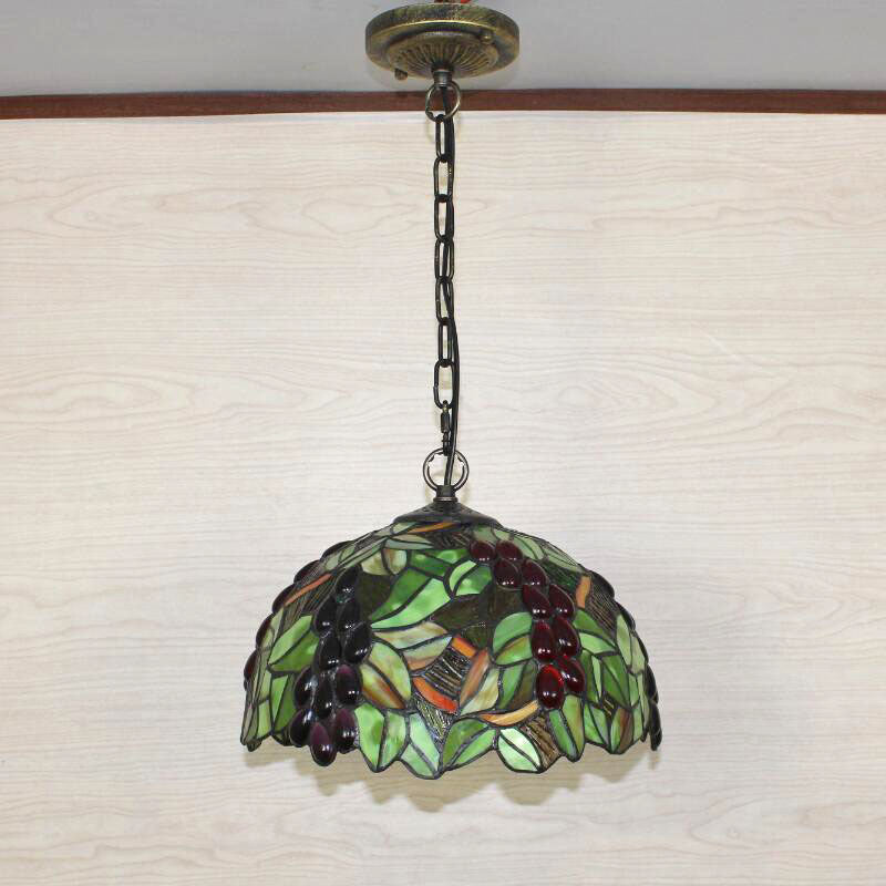 1Stained Glass Pendant Light Fixture With Decorative Dome Shade - Grape-Inspired Suspension Lighting