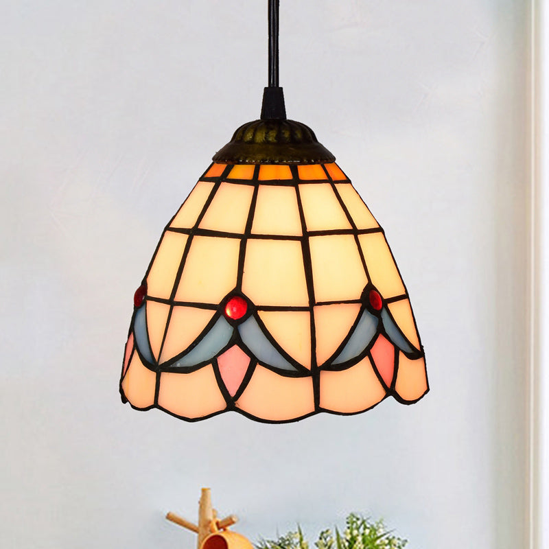Shaded Tiffany Glass Pendant Light - Elegant 1-Bulb Suspension Fixture For Corridor White