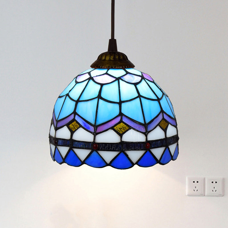 Shaded Tiffany Glass Pendant Light - Elegant 1-Bulb Suspension Fixture For Corridor Sky Blue