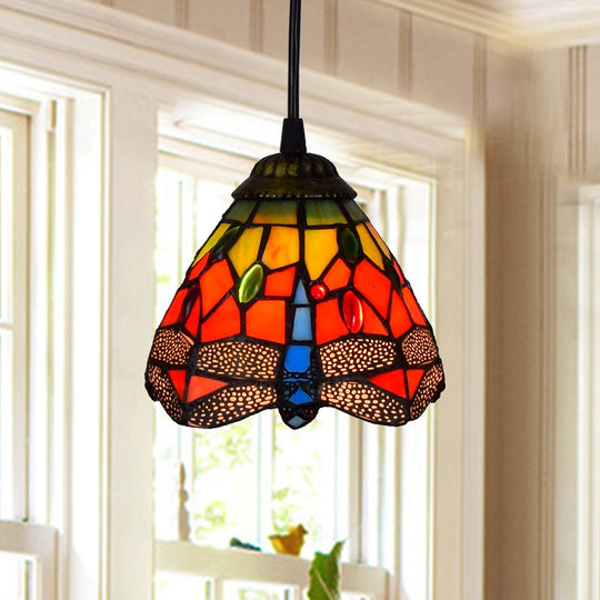 Shaded Tiffany Glass Pendant Light - Elegant 1-Bulb Suspension Fixture For Corridor Watermelon Red