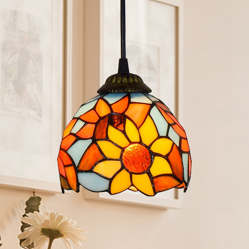 Shaded Tiffany Glass Pendant Light - Elegant 1-Bulb Suspension Fixture For Corridor Blue