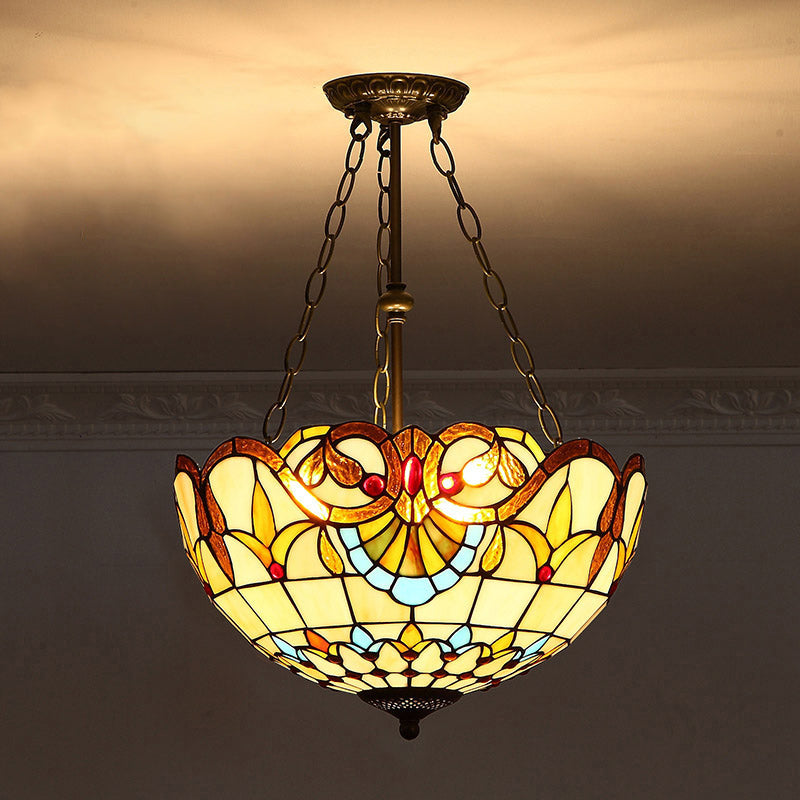 Tiffany-Style Pendant Light With Stained Art Glass Bowl Shade For Ceiling Suspension Khaki
