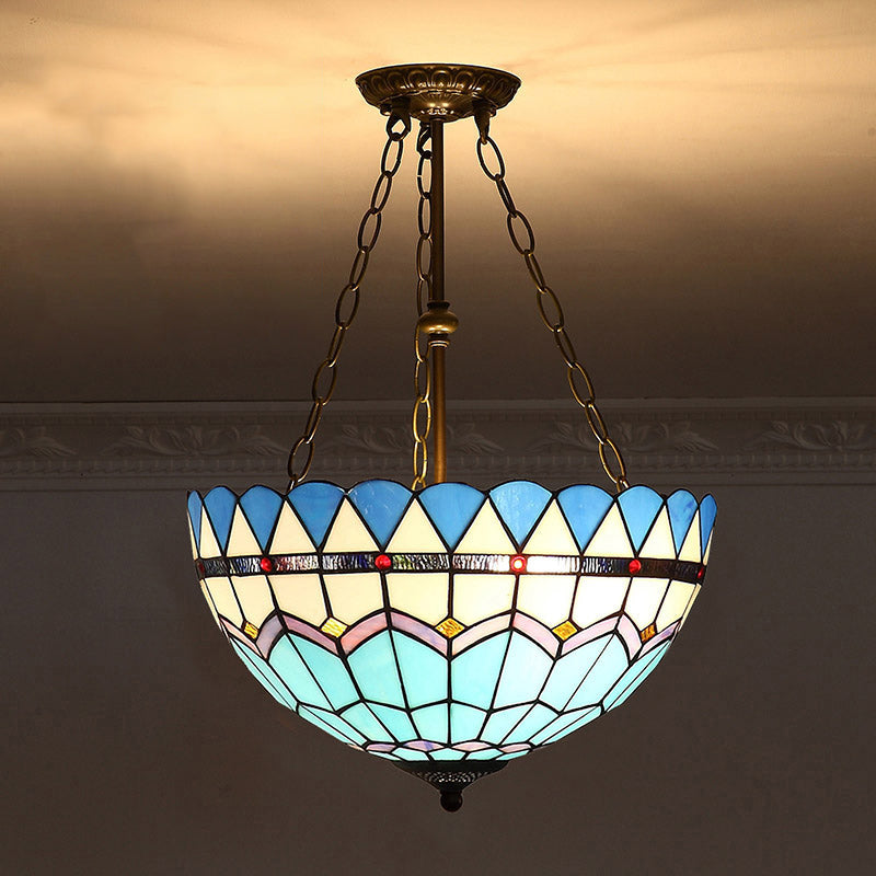 Tiffany-Style Pendant Light With Stained Art Glass Bowl Shade For Ceiling Suspension Sky Blue