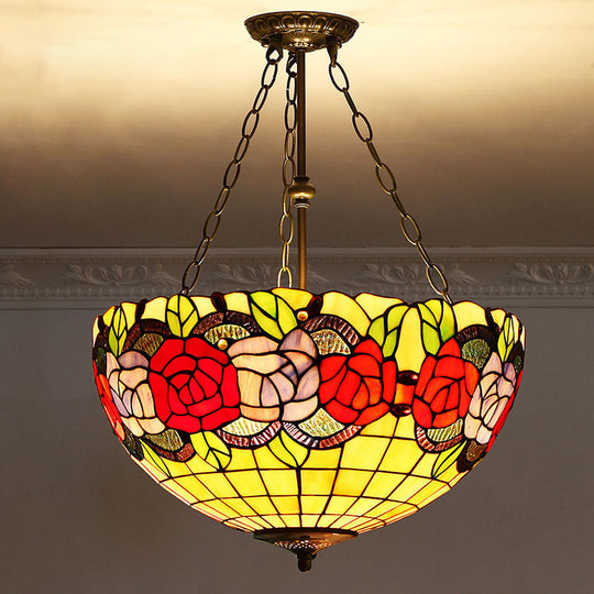 Tiffany-Style Pendant Light With Stained Art Glass Bowl Shade For Ceiling Suspension Lemon Yellow