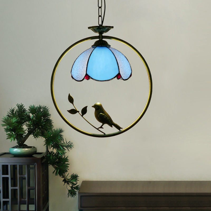 Vintage Stained Glass Pendant Light With Scalloped Dome Design Blue / B