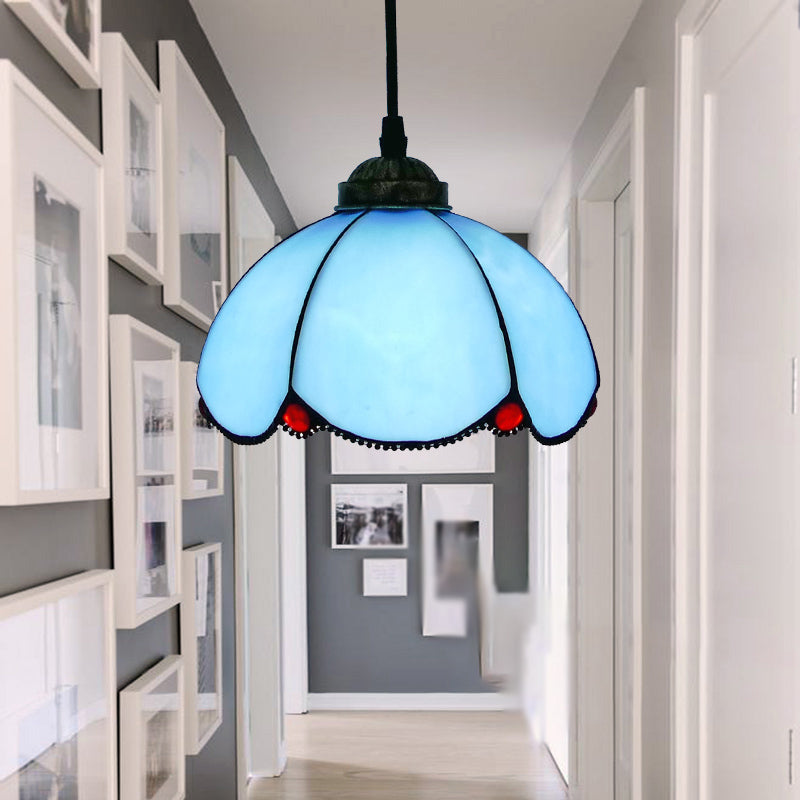 Vintage Stained Glass Pendant Light With Scalloped Dome Design Blue / A