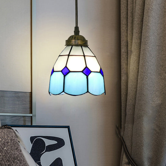 Vintage Stained Glass Pendant Light With Scalloped Dome Design Sky Blue / A