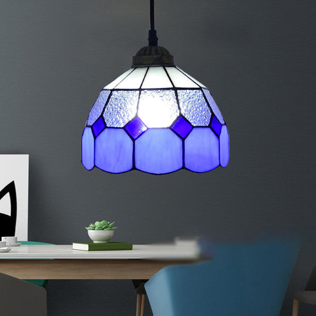 Vintage Stained Glass Pendant Light With Scalloped Dome For Single-Bulb Ceiling Hanging Ocean Blue /
