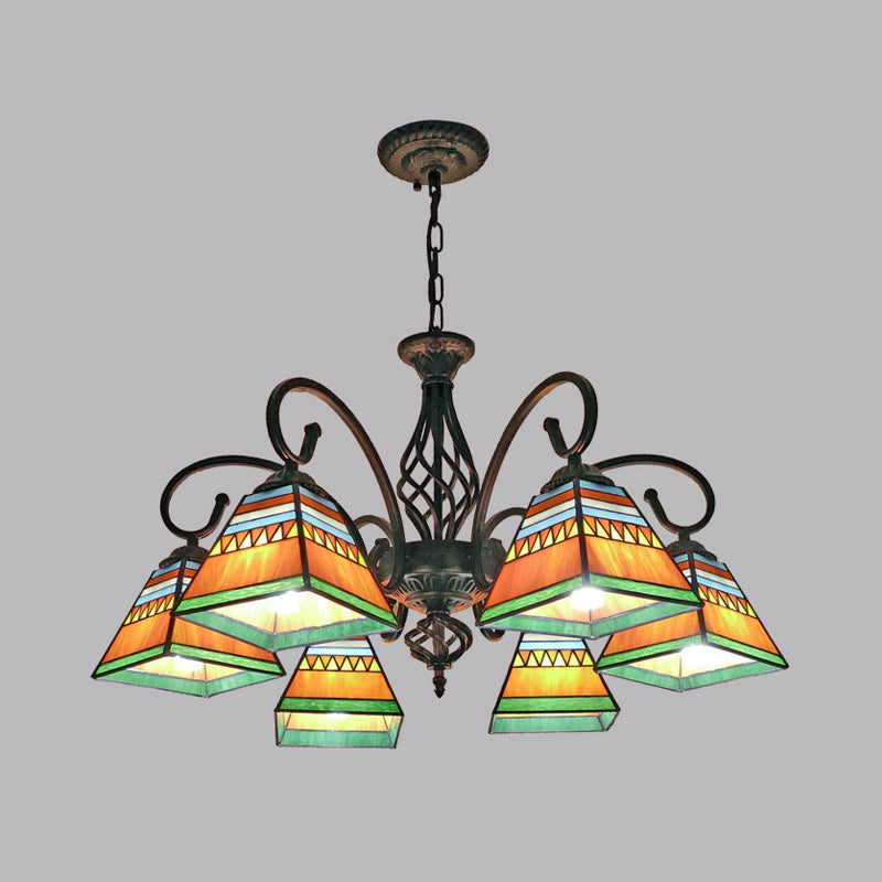 Pyramid Stained Art Glass Chandelier - Antique Style Ceiling Lighting For Restaurants