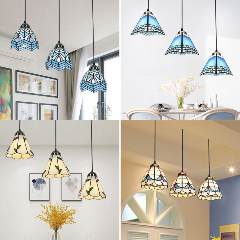 Traditional 3-Head Stained Glass Pendant Light In Bronze With Shaded Hanging Design