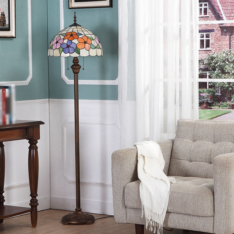 Vintage Beige Stained Glass Stand Up Lamp With Pull Chain - 2 Bulb Flower Floor Lighting For Living