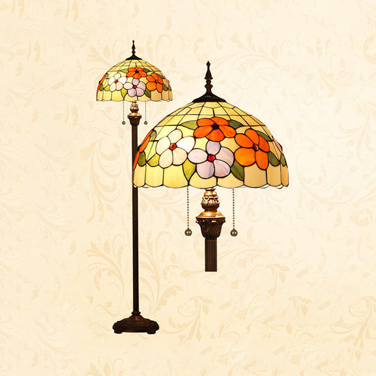 Vintage Beige Stained Glass Stand Up Lamp With Pull Chain - 2 Bulb Flower Floor Lighting For Living