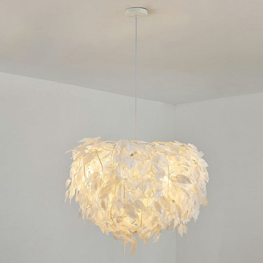 White Feather Hanging Lamp: Round Ceiling Light For Girls’ Bedroom - Simplicity & Style / F