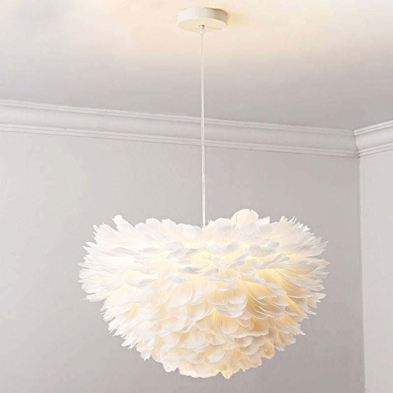 White Feather Hanging Lamp: Round Ceiling Light For Girls’ Bedroom - Simplicity & Style