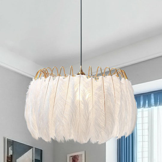 Modern White Feather Pendant Light For Living Room - Round Shape Hanging Ceiling