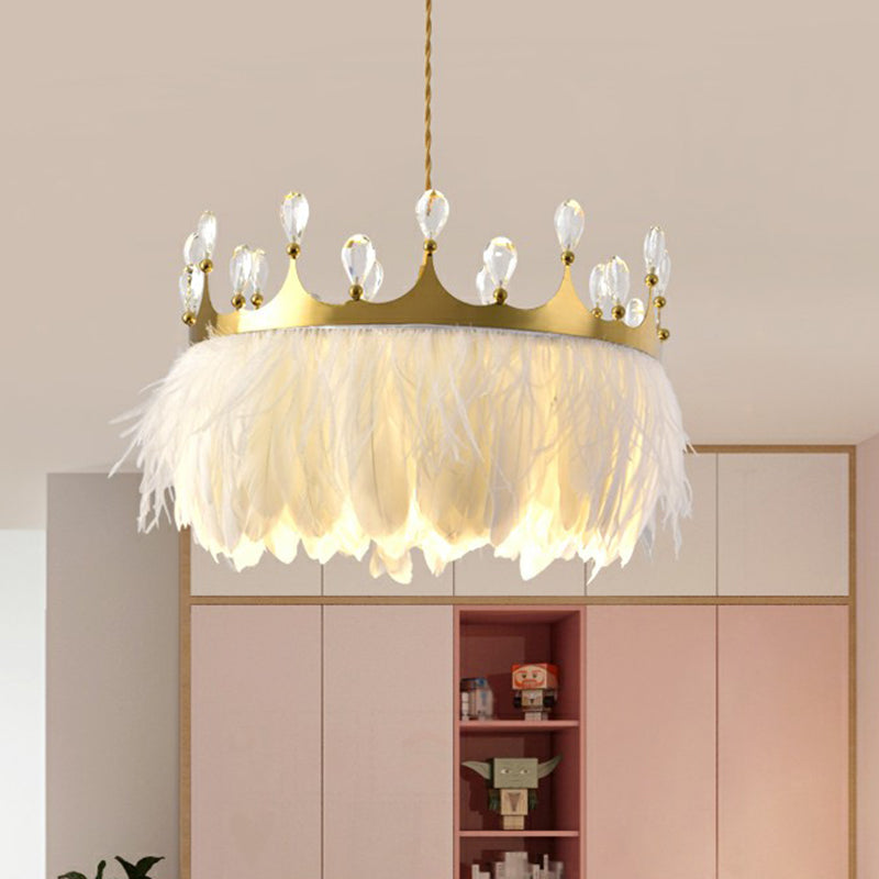 Modern Single Gold Crown Pendant Light With Crystal And Feather Accents - Metallic Suspension