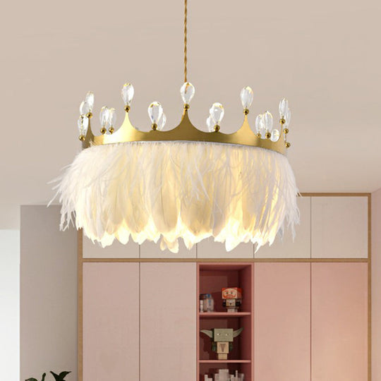 Modern Gold Pendant Light With Crystal And Feather Accents