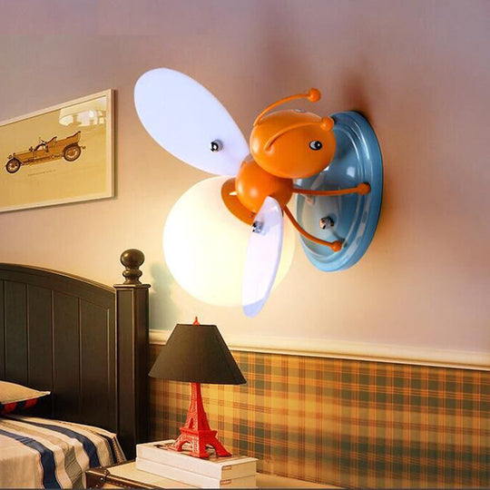 Bee Shaped Child Room Sconce Lighting: Modern Metallic Wall Light With Cream Glass Shade In Yellow