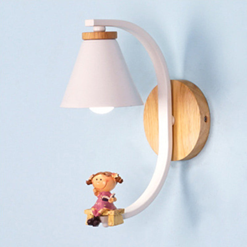 Kids Tapered Wall Lighting With Decorative Figurine In Metallic White / D