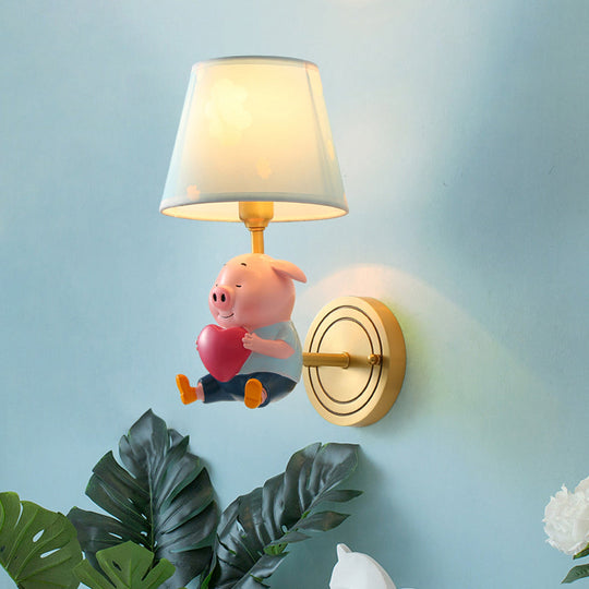Simplicity Pink Tapered Shade Wall Mounted Light With Decorative Pig Accent