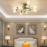 Modern Black/Gold Curly Floral Semi Flush Mount Ceiling Light - 9/12 Lights Milk White Glass Living