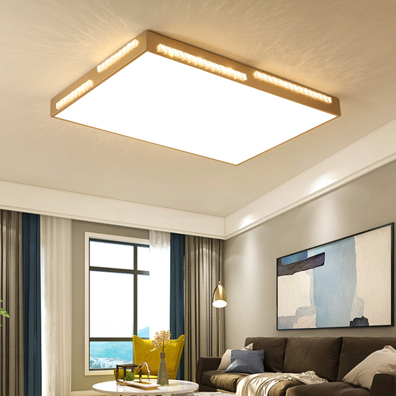 Golden Metal Led Flushmount Ceiling Lamp With Crystal Accents - Simple Square/Rectangular Design