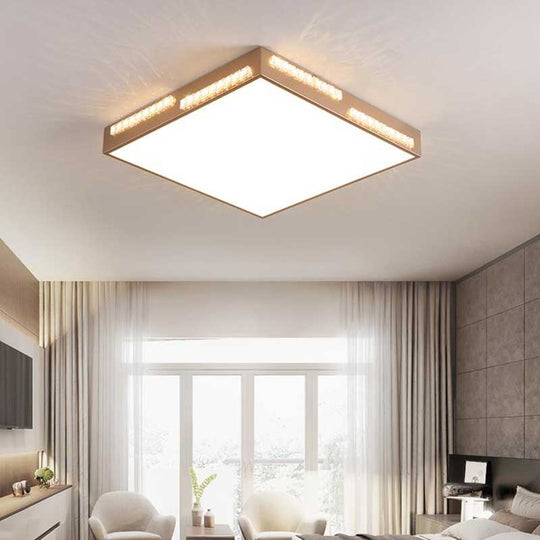 Golden Metal Led Flushmount Ceiling Lamp With Crystal Accents - Simple Square/Rectangular Design
