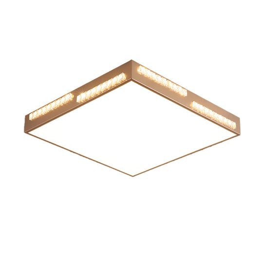 Golden Metal Led Flushmount Ceiling Lamp With Crystal Accents - Simple Square/Rectangular Design