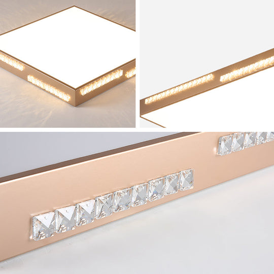 Golden Metal Led Flushmount Ceiling Lamp With Crystal Accents - Simple Square/Rectangular Design