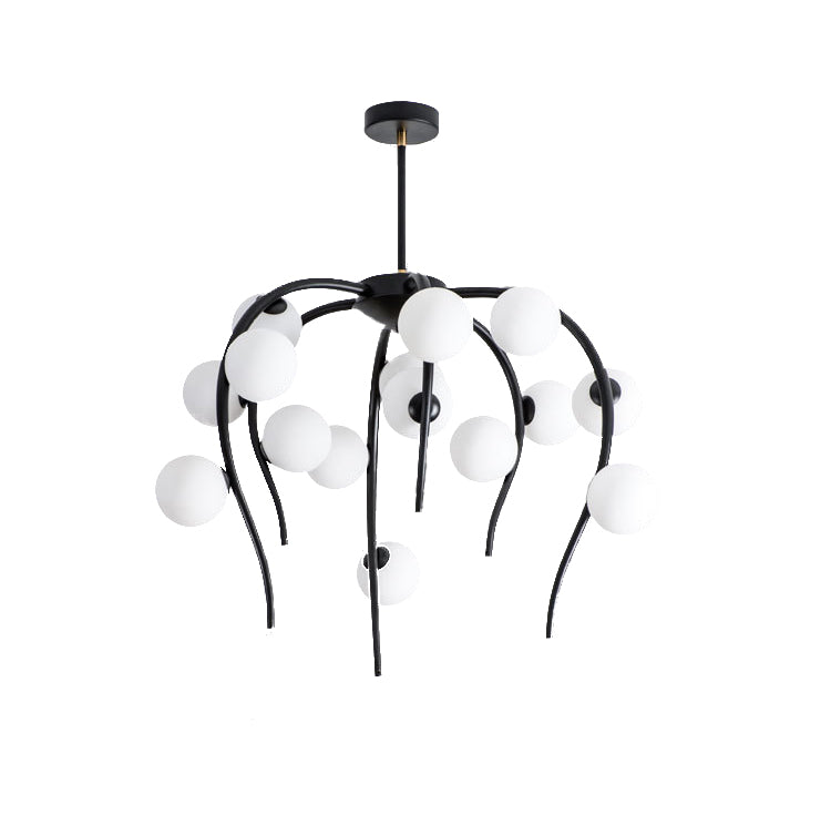 Modern Black/Gold Iron Branch Chandelier With Matte White Balls - 15/20-Light Dining Room Hanging