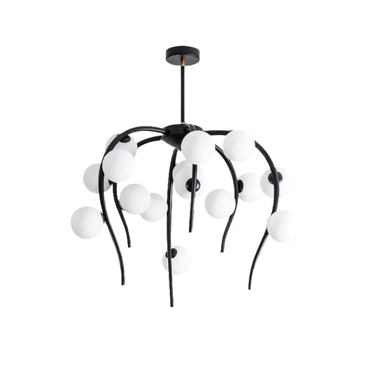 Modern Black/Gold Iron Chandelier With Matte White Balls - 15/20-Light Dining Room Hanging Lamp