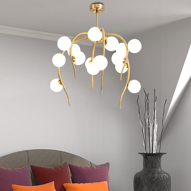 Modern Black/Gold Iron Branch Chandelier With Matte White Balls - 15/20-Light Dining Room Hanging