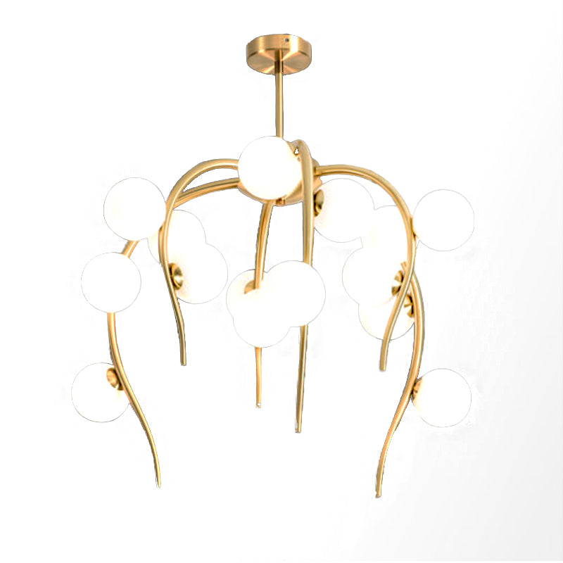 Modern Black/Gold Iron Branch Chandelier With Matte White Balls - 15/20-Light Dining Room Hanging