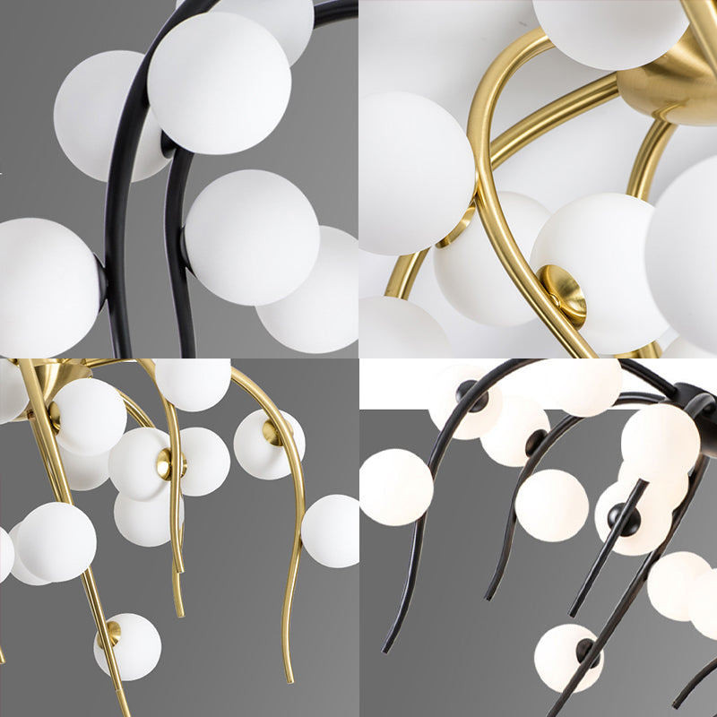 Modern Black/Gold Iron Branch Chandelier With Matte White Balls - 15/20-Light Dining Room Hanging