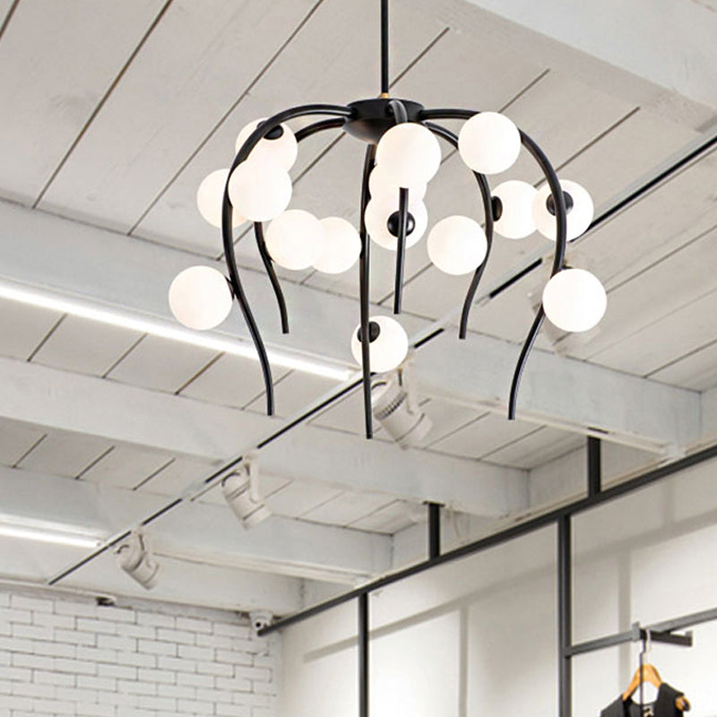 Modern Black/Gold Iron Branch Chandelier With Matte White Balls - 15/20-Light Dining Room Hanging