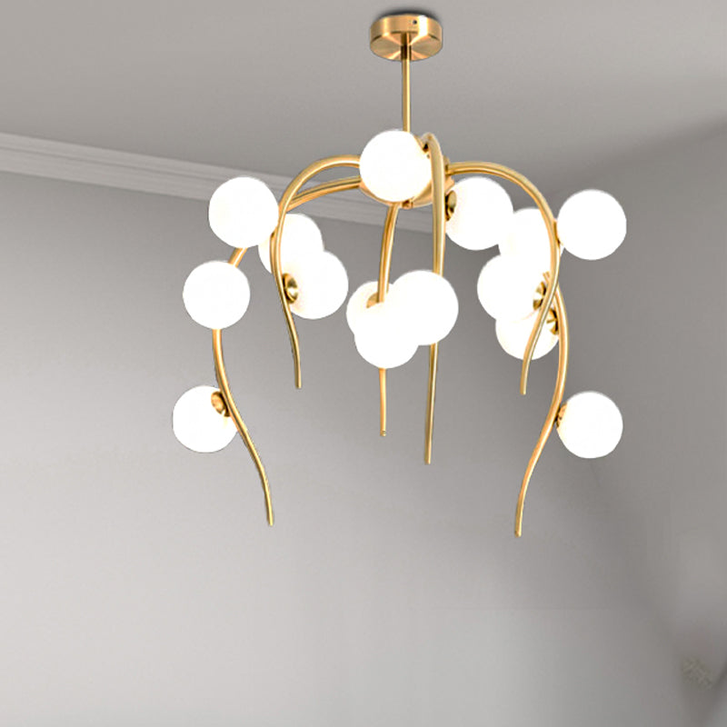 Modern Black/Gold Iron Chandelier With Matte White Balls - 15/20-Light Dining Room Hanging Lamp