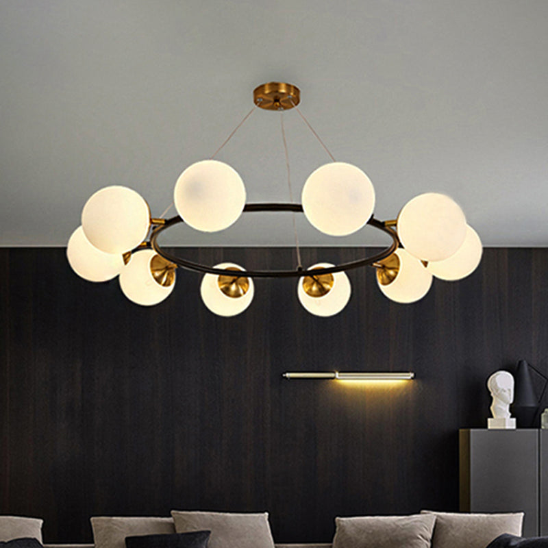 Modern 39’ Wide Milk White Glass Chandelier With 10 Lights- Black Ceili