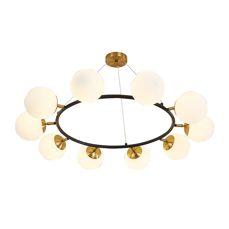 Modern 10-Light Milk White Glass Chandelier With 39 Wide Sphere - Black Ceiling Pendant
