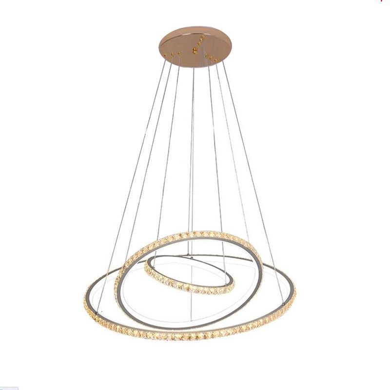 Led Crystal Chandelier Light Fixture Modern Gold/Silver Ceiling Pendant With 3 Rings Warm And White