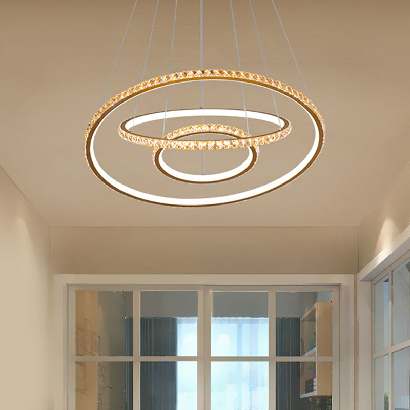 Led Crystal Chandelier Light Fixture Modern Gold/Silver Ceiling Pendant With 3 Rings Warm And White