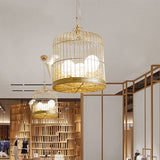 Rustic Matte White Glass Egg Shaped Chandelier With Bird And Birdcage - 3 Light Hanging Fixture