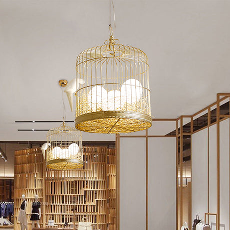 Rustic Matte White Glass Egg Shaped Chandelier With Bird And Birdcage - 3 Light Hanging Fixture