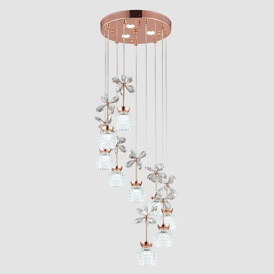 Rose Gold Floral Staircase Multi-Light Pendant With Led Dome Shade