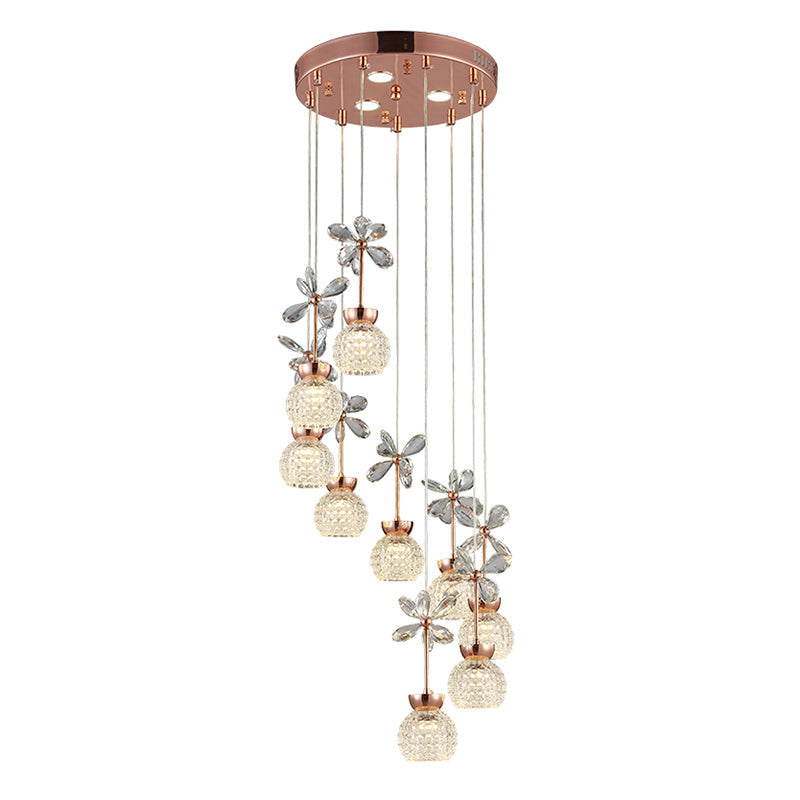 Rose Gold Floral Staircase Led Pendant With Crystal Dome Shade