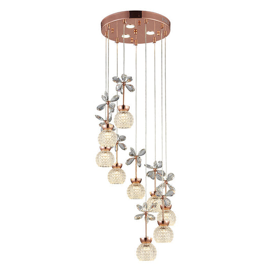 Rose Gold Floral Staircase Multi-Light Pendant With Led Dome Shade