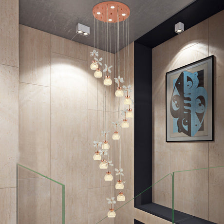 Rose Gold Floral Staircase Led Pendant With Crystal Dome Shade 15 / White