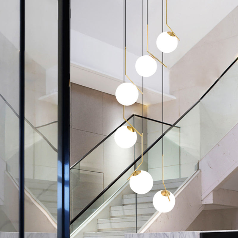 Opal Glass Staircase Pendant Light In Gold - Hanging Multi-Light With Ball Shade